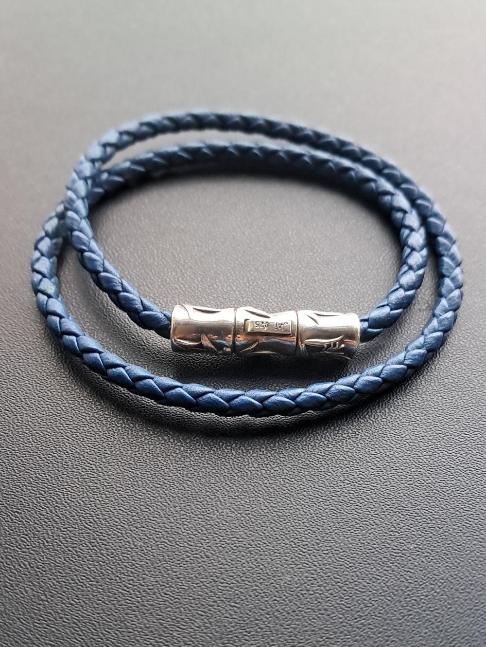 JAi Sterling Silver Double Wrap Bambo Leather Bracelet Blue